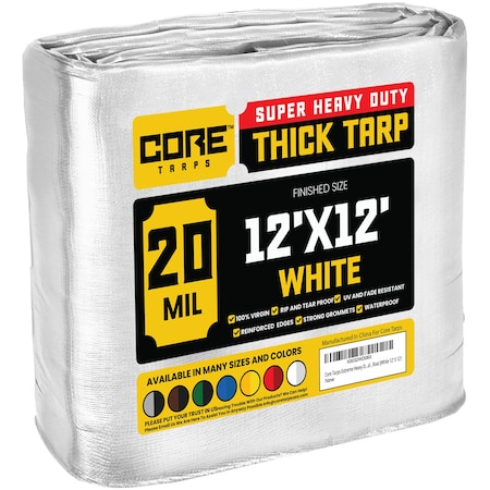 Core Tarps Heavy Duty Tarp, 12 ft L x 0.5 mm H x 12 ft W, 20 Mil, White, Polyethylene CT-704-12X12